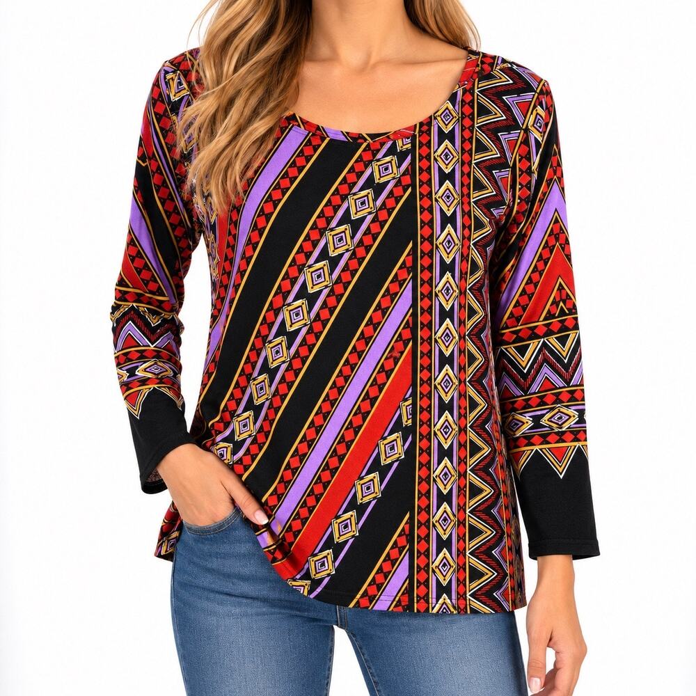 Bob Mackie Medium Wearable Art Stretchy Red Black Purple Blouse Shirt Top Artsy
